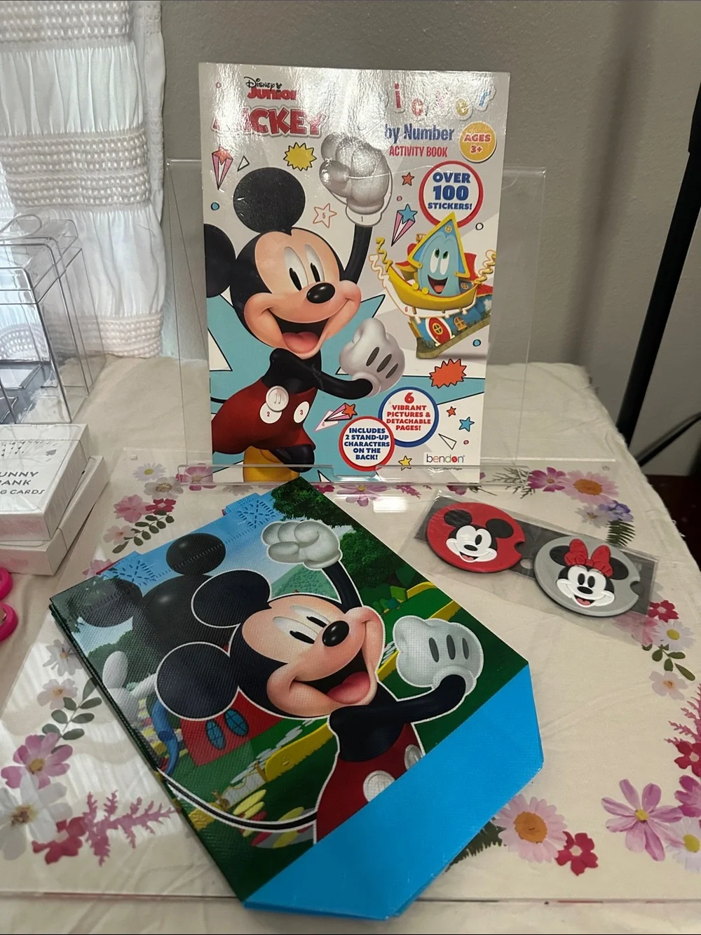 Disney Mickey Sticker Activity Set -& 2 reusable bags with handles & 2 coasters